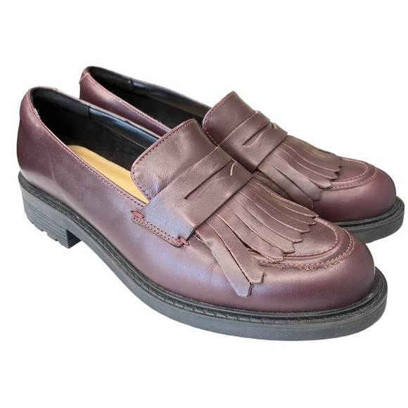 Clarks ORINOCO 2 Kiltie Penny Loafer Burgundy Leather Womens Size 10 Chunky Sole - Picture 1 of 14